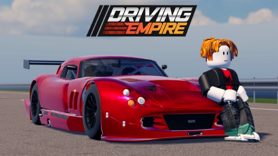 Red race-bodied car with a player leaning against it at the roadside