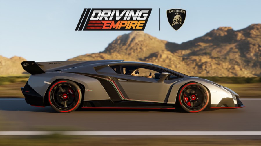 Lamborghini Veneno driving a mountain road past desert hills